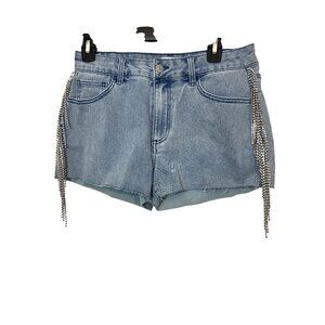 Forever 21 Women’s Denim Shorts 28 High Rise Rhinestone Fringe Lt. Blue Raw Hem
